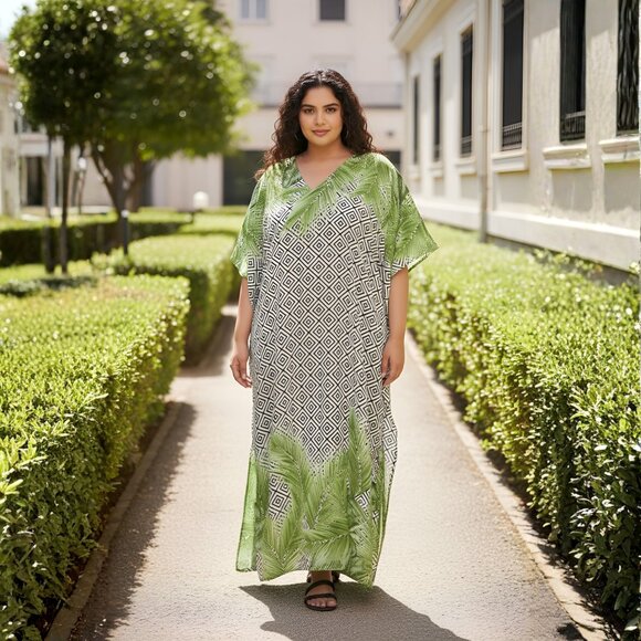 Gypsie Blu Leaf & Geometric Printed Plus Size Kaftan Dress Stylish Maxi Dresses - Picture 1 of 8